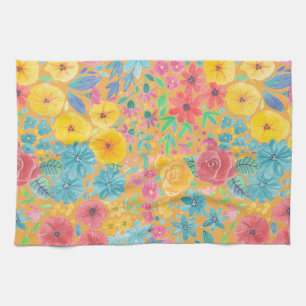 Floral watercolor pattern in yellow tea towel