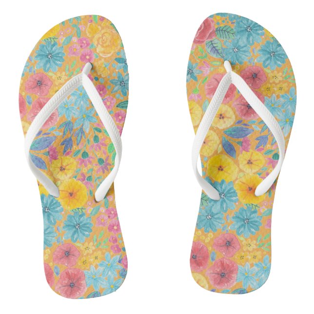 Floral watercolor pattern in yellow thongs (Footbed)