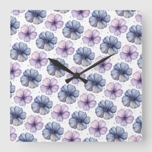 Floral Watercolor Pattern Lavender and Blue Square Wall Clock