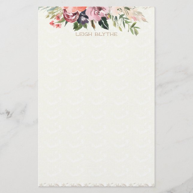 Floral Watercolor Peonies Personalized Stationery (Front)