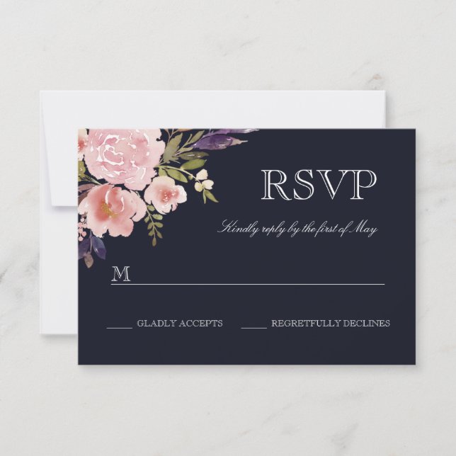 Floral Watercolor Peonies Pink Navy RSVP Card (Front)