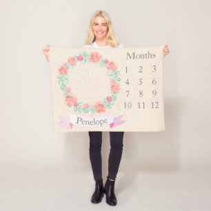 Floral Watercolor Personalised Milestone Baby Fleece Blanket