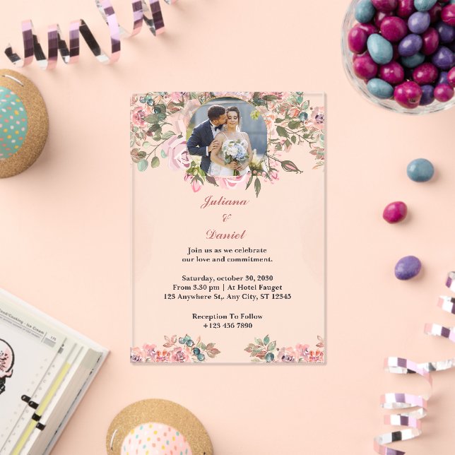 Floral Watercolor Photo Acrylic Wedding Invitation (Insitu (Celebration))