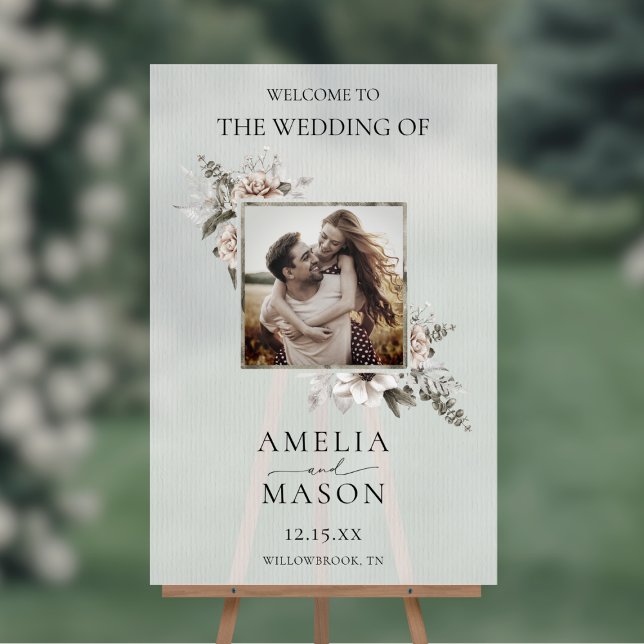 Floral Watercolor Photo Wedding Welcome Sign (Translucent Floral Watercolor Photo Wedding Welcome Sign)