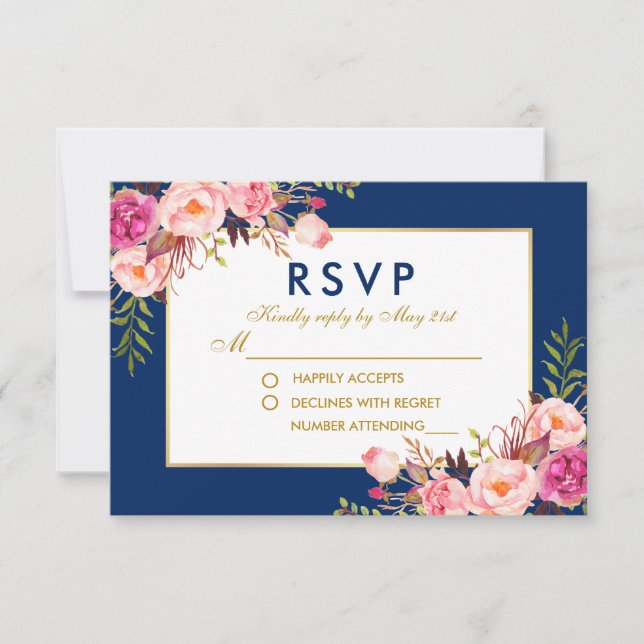 Floral Watercolor Pink Blue Gold Wedding RSVP Card (Front)