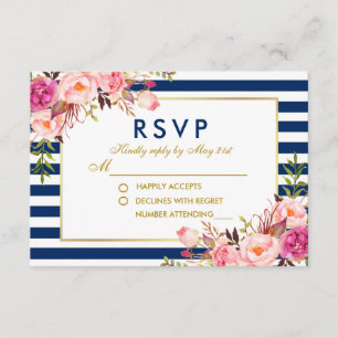 Floral Watercolor Pink Blue Stripes Wedding RSVP Card