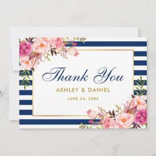 Floral Watercolor Pink Blue Stripes Wedding Thank You Card