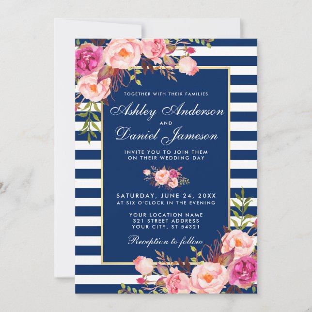 Floral Watercolor Pink Blue Stripes Wedding W Invitation (Front)