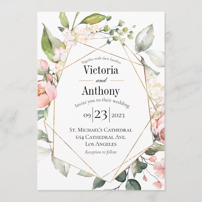 Floral Watercolor Pink Gold Modern Wedding  Invitation (Front)