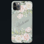 Floral Watercolor Pink Green Gold Personalise iPhone 11 Pro Max Case<br><div class="desc">Elegant gold leaves with pink blush watercolor flowers on a sage green background.  Add your name to make this phone case beautiful.  This phone case is perfect for you. So chic and sophisticated. Zazzle guarantees 100% customer service and satisfaction.</div>