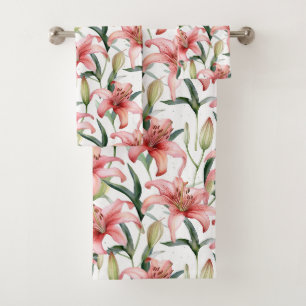 Floral Watercolor Pink Lilies White Bath Towel Set