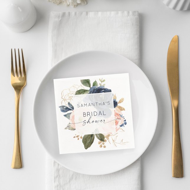 Floral Watercolor Pink Navy Bridal Shower Napkin (Creator Uploaded)