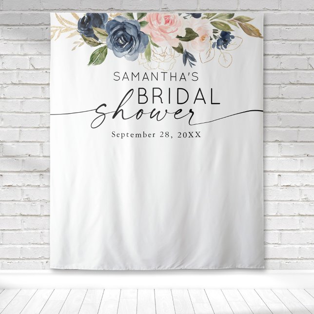 Floral Watercolor Pink Navy Bridal Shower Tapestry (Pink peony floral botanical gold watercolor design on this bridal shower tapestry backdrop.)