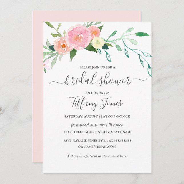 Floral Watercolor Pink Peach Modern Bridal Shower Invitation (Front/Back)