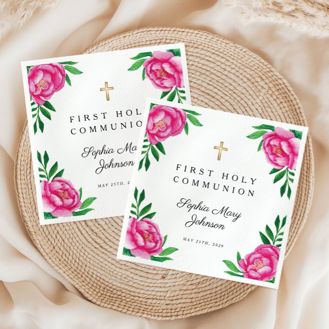 Floral Watercolor Pink Peonies First Communion Napkin (Floral Watercolor Pink Peonies First Communion Napkins)