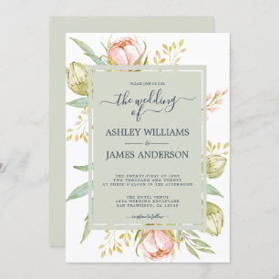 Floral Watercolor Pink Peony Rustic Boho Wedding Invitation