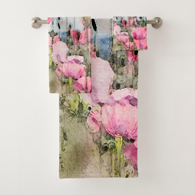Floral Watercolor Pink Poppy Flowers  Bath Towel Set (Insitu)