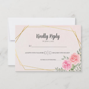 Floral Watercolor Pink Rose Geometric Gold Wedding RSVP Card