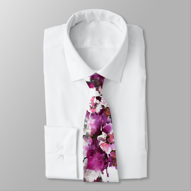 Floral Watercolor - Pink & white abstract design Tie (Tied)