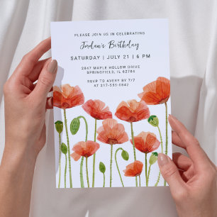 Floral Watercolor Poppies Modern Any Age Birthday Invitation