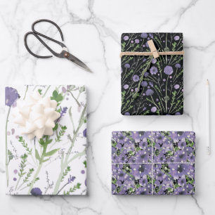 Floral Watercolor Purple Green Black Decoupage  Wrapping Paper Sheet