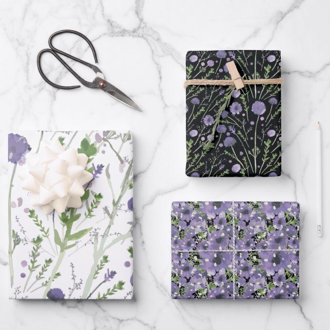 Floral Watercolor Purple Green Black Decoupage  Wrapping Paper Sheet (Front)