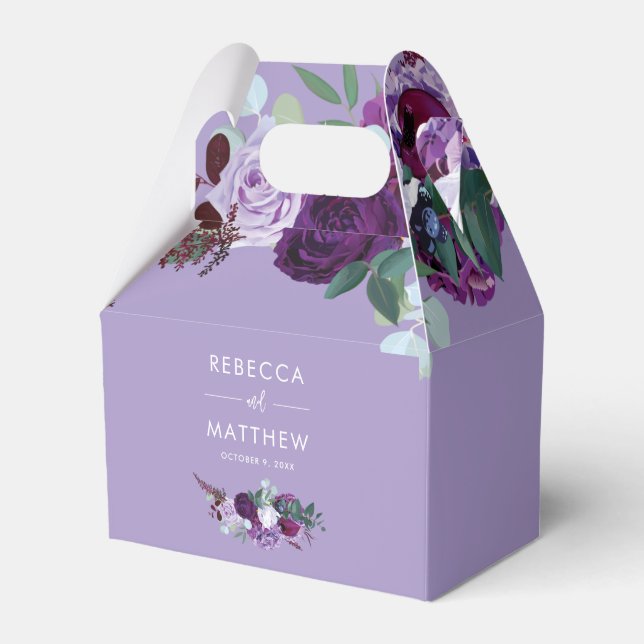 Floral Watercolor Purple Greenery Script Wedding Favour Box (Front Side)