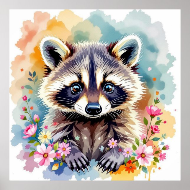 Floral Watercolor Racoon Poster (Front)