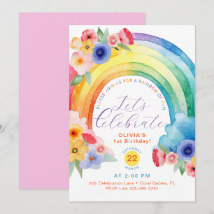 Floral Watercolor Rainbow 1st Birthday Invite