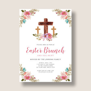 Floral Watercolor Religious Cross Easter Brunch In Invitation