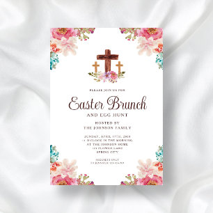 Floral Watercolor Religious Cross Easter Brunch Invitation