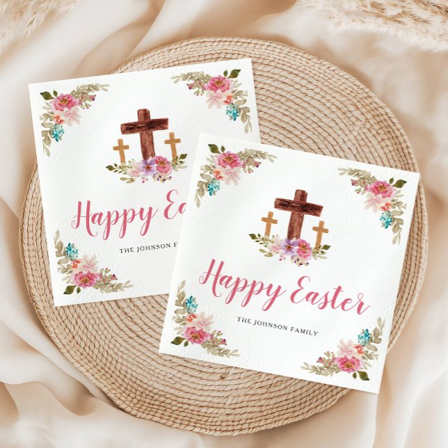 Floral Watercolor Religious Cross Happy Easter  Napkin (Floral Watercolor Religious Cross Happy Easter Napkins)