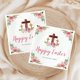 Floral Watercolor Religious Cross Happy Easter Napkin