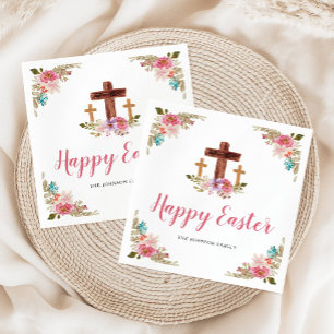 Floral Watercolor Religious Cross Happy Easter Napkin