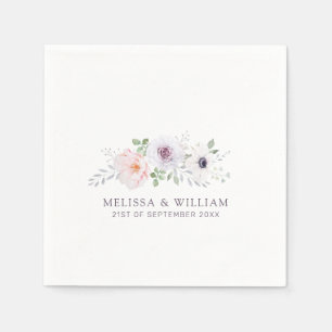 Floral Watercolor Rose Anemone Lilac White Wedding Napkin