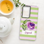 Floral Watercolor Rose Striped Add Your Name  Samsung Galaxy Case<br><div class="desc">This chic phone case design features horizontal lilac and green pastel stripes with a purple and greenery watercolor rose atop a stand out box for your name. Personalise the text or edit using the design tool to select a font style,  size,  or colour you like.</div>