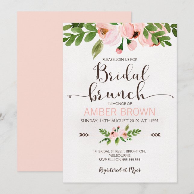 Floral Watercolor Roses Bridal Brunch Invitation (Front/Back)