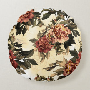 Floral Watercolor Roses, Peonies Pattern. Round Cushion
