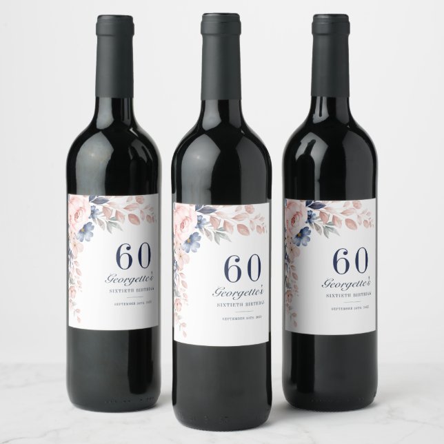 Floral Watercolor Script 60th Birthday Wine Label (Bottles)