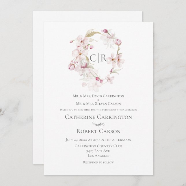 Floral Watercolor Script Pastel Pink Wedding Invitation (Front/Back)