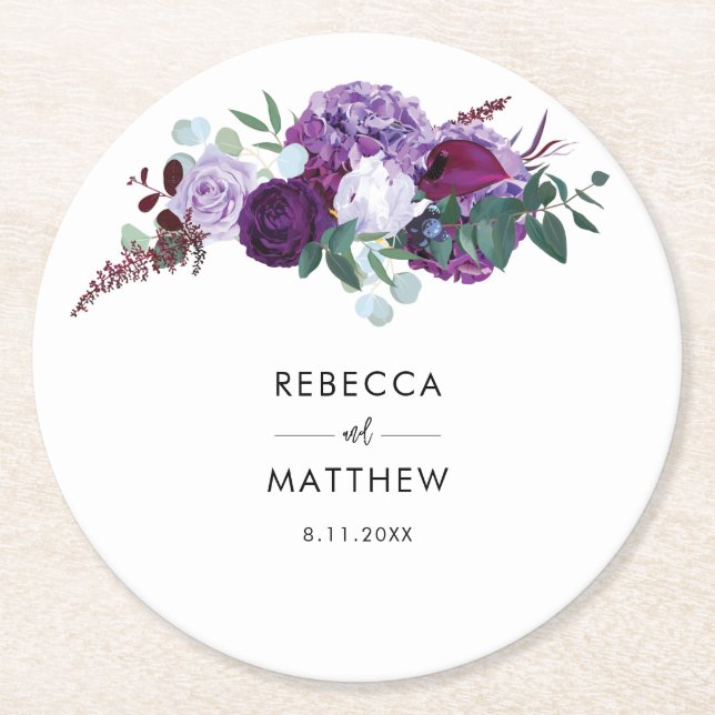 Floral Watercolor Script Wedding Favour Round Paper Coaster (Front)