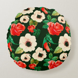 Floral watercolor seamless pattern. White poppies  Round Cushion
