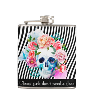 Floral Watercolor Skull With Stripes Hip Flask