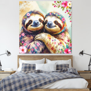 Floral Watercolor Sloths 1 Canvas Print