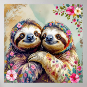 Floral Watercolor Sloths 1 Poster