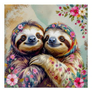 Floral Watercolor Sloths 1 Poster