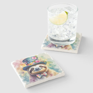 Floral Watercolor Sloths 2 Stone Coaster
