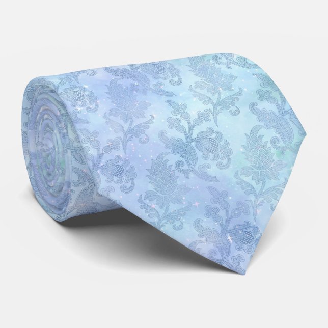 Floral Watercolor Sparkle Pattern Blue Tie (Rolled)