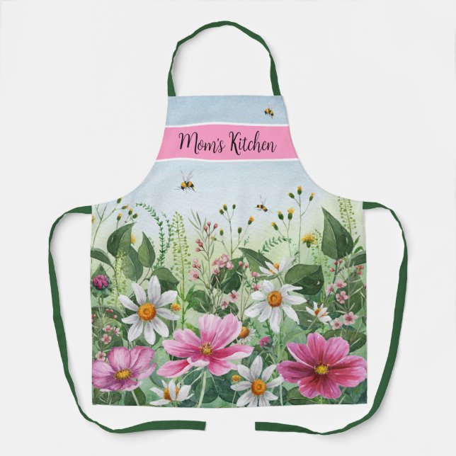Floral watercolor spring flower personalised name  apron (Front)