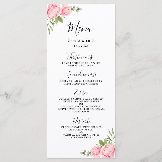 Floral watercolor spring / summer wedding menu (Front)